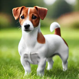 Kurzhaariger Jack Russell Terrier mit glattem, eng anliegendem Fell, draußen auf einer Wiese