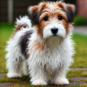 Langhaariger, rauhaariger Jack Russell Terrier mit dichtem, drahtigem Fell im Freien