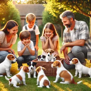 Eine Familie mit Kindern besucht einen Jack Russell Terrier-Züchter im Garten. Die Familie interagiert mit dem Züchter und den Hunden, darunter Welpen mit unterschiedlichen Felltypen: glatt, rau und broken coat. Ein Elterntier in Schwarz-Weiß und andere farbige Jack Russells sind ebenfalls zu sehen