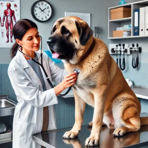 Kangal-Hund bei einer Tierarztuntersuchung, während der Tierarzt den Hund mit einem Stethoskop untersucht, um seine Gelenke und sein Herz zu überprüfen