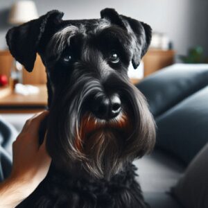 Ein Riesenschnauzer sitzt aufmerksam auf dem Sofa, während sein Besitzer ihn liebevoll betrachtet, im Zusammenhang mit Knochenkrebs bei Hunden