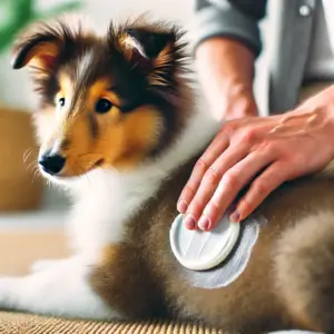 Junger Collie Welpe wird von seinem Besitzer mit Kokosöl gegen Flöhe eingecremt