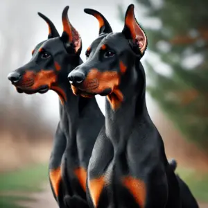 Kupierter Dobermann mit aufrechten Ohren und schwarzem Fell, stehend in einer natürlichen Umgebung im Freien