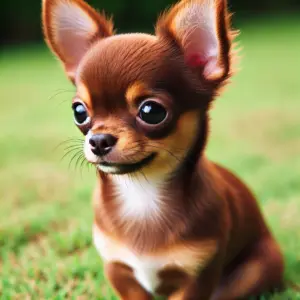 Ein brauner Kurzhaar-Chihuahua mit glattem, glänzendem Fell sitzt aufmerksam auf einer Wiese