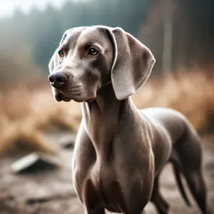 Ein Kurzhaar-Weimaraner aus der Arbeitslinie mit athletischem Körperbau und grauem Fell, im Freien stehend, aufmerksam und bereit für den Einsatz als Jagdhund.