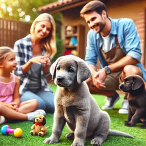 Der Labrador Züchter erklärt der Familie die Hunderasse während ein Grauer Labrador Welpe im Fokus auf einer grünen Wiese sitzt