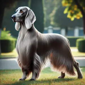 Ein Langhaar-Weimaraner aus der Showlinie mit langem, gleichmäßig fließendem silbergrauem Fell