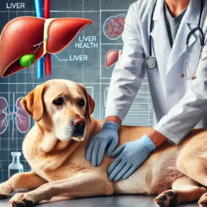 Der Tierarzt tastet vorsichtig den Labrador ab um eine mögliche Leberentzündung bei Hunden auszuschließen