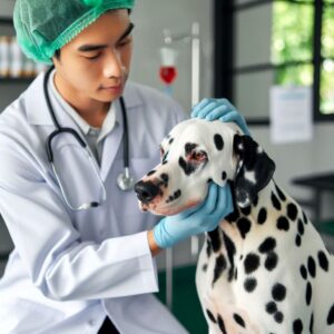 Dalmatiner wird von einem Tierarzt untersucht, um auf Leishmaniose getestet zu werden