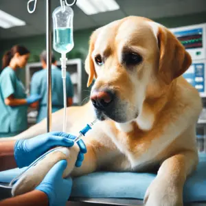 Hund erhält in der Tierklinik eine Infusion zur Behandlung von Leptospirose, unterstützt durch tierärztliche Betreuung