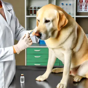 Tierarzt verabreicht einem beigen Labrador die Leptospirose-Impfung in einer Klinik, um ihn vor bakteriellen Infektionen zu schützen