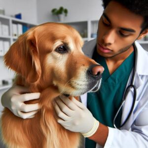 Ein Golden Retriever wird von einem Tierarzt untersucht, stellvertretend für die Diagnose von Lymphdrüsenkrebs bei Hunden