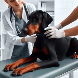 Der Tierarzt in der Klinik untersucht den Dobermann auf mögliche Magendrehung 