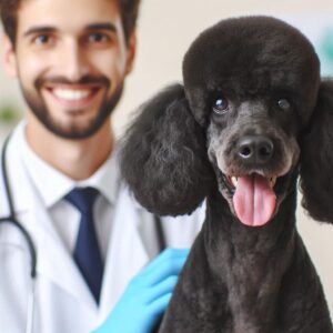 Ein glücklicher Pudel beim Tierarzt nach erfolgreicher Behandlung einer Mastzelltumor Therapie