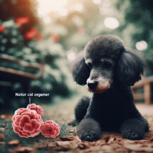 Ein Pudel wird in einer Nahaufnahme mit einem Mastzelltumor beim Hund untersucht, während Mastzellen und ihre Strukturen in einer grafischen Darstellung zu sehen sind