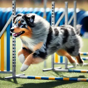 Australian Shepherd aus der Sportlinie mit Blue Merle Fell, beim Agility-Wettbewerb in Aktion