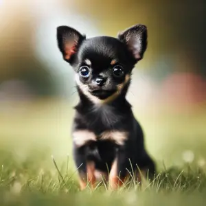 Ein kleiner, schwarzer Mini Teacup Chihuahua sitzt aufmerksam auf einer grünen Wiese und sieht in die Kamera