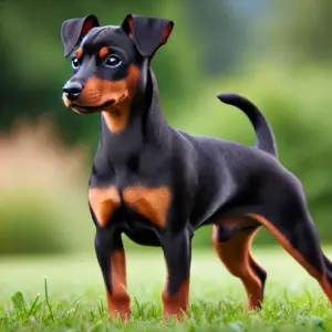 Kompakter und muskulöser Zwergpinscher, oft Mini Dobermann genannt, stehend im Freien mit schwarzem Fell und tan Abzeichen