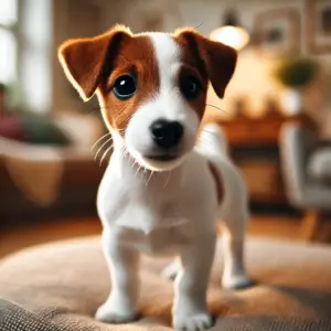Ein kleiner, lebhafter Mini Jack Russell Terrier mit kompaktem Körperbau steht in einer gemütlichen, warm gestalteten Wohnung