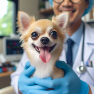 Glücklicher Chihuahua und Tierarzt nach erfolgreicher Therapie einer Mitrilklappeninsuffizienz beim Hund