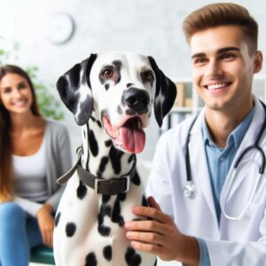 Zufriedener Dalmatiner Hund lächelt in die Kamera nach erfolgreicher Behandlung der Mittelmeerkrankheit Leishmaniose