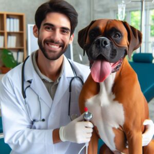 Ein fröhlicher Hund mit seinem Tierarzt, nach erfolgreicher Behandlung von Morbus Cushing