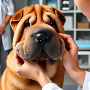 Ein Shar-Pei wird von einem Tierarzt auf mukokutane Pyodermie untersucht, wobei rote und entzündete Hautstellen um den Mund sichtbar sind