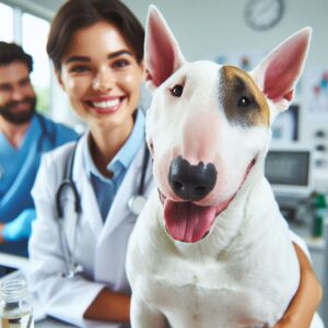 Glücklicher Hund und Tierärztin nach erfolgreicher Behandlung von Nierenprobleme bei Hunden