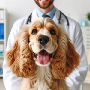 Cocker Spaniel Hund lächelt in einer Tierarztpraxis nach Behandlung von Ohrentzündungen und Infektionen