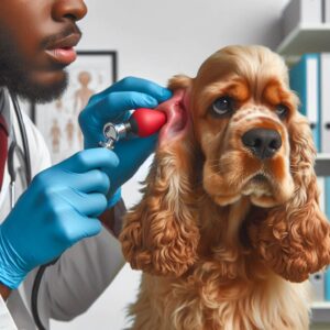 Cocker Spaniel Hund wird von einem Tierarzt mit einem Otoskop auf Otitis und Ohrinfektionen untersucht