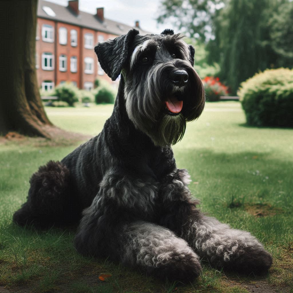 Ein großer Riesenschnauzer mit ruhiger Ausstrahlung liegt im Garten, möglicherweise betroffen von Osteosarkom