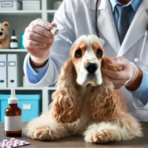 Tierarzt verabreicht einem Cocker Spaniel Hund Ohrentropfen zur Behandlung von Otitisin einer Tierarztpraxis