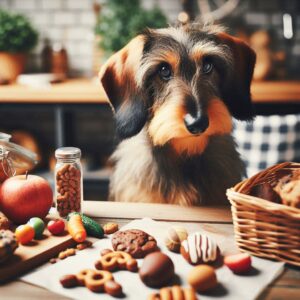 Ein Rauhaardackel auf dem Bild bekommt oft Lebensmittel von Menschen die eine Pankreatitis bei Hunden begünstigen können