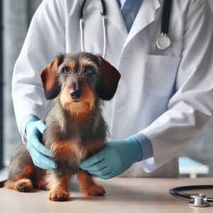 Ein Dackel wird in einer Klinik vom Tierarzt auf mögliche Pankreatitis beim Hund untersucht