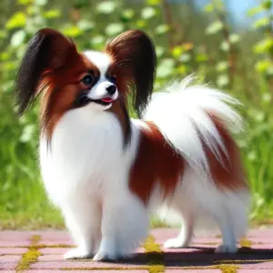 Ein Papillon Hund in der Farbvariante Weiß-Braun steht auf einer Terrasse 