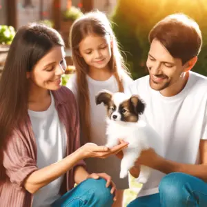 Eine Familie besucht einen verantwortungsvollen Papillon-Züchter, um einen gesunden Papillon-Welpen zu kaufen.