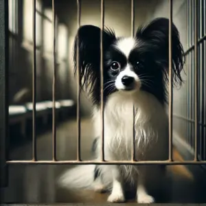 Ein traurig aussehender schwarz-weißer Papillon Hund sitzt hinter Gitterstäben in einem Tierheim und wartet auf seine neue Familie