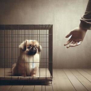 Ein trauriger Pekinese in Not wartet auf eine Adoption aus dem Tierheim für eine zweite Chance