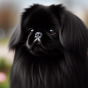 Ein seltener schwarzer Pekinese mit glänzendem, dichtem Fell und großen, ausdrucksstarken Augen