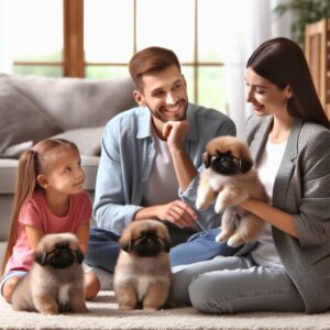 Glückliche Familie mit Kindern besucht einen Pekinesen-Züchter und spielt mit einem Wurf Pekinesenwelpen, während der Züchter die Hunde erklärt