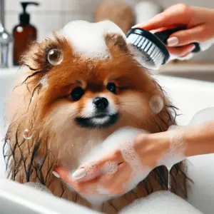 Ein brauner Pomeranian wird in einer Badeumgebung mit Shampoo gewaschen, sein dichtes Fell ist mit Schaum bedeckt