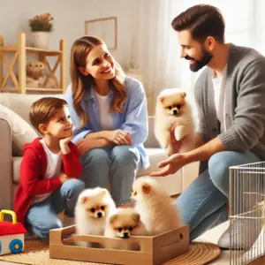 Der Züchter erklärt der Familie die Eigenschaften des Hundes bevor sie einen Pomeranian Welpen kaufen