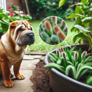 Shar-Pei-Hund im Garten, möglicherweise betroffen von Pyodermie bei Hunden, umgeben von potenziell reizenden Pflanzen