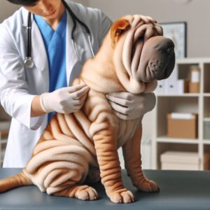 Shar-Pei-Hund wird vom Tierarzt auf Hautprobleme wie Pyodermie bei Hunden untersucht, detaillierte Inspektion der Hautfalten