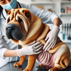 Ein Shar-Pei-Junghund wird von einem Tierarzt auf Anzeichen von Pyodermie untersucht, insbesondere an Bauch und Hautstellen