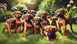 Mehrere kleine Rhodesian Ridgeback-Welpen spielen im Garten des Züchters