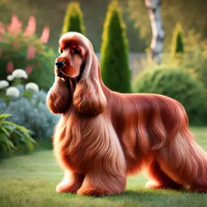 Ein eleganter englischer Cocker Spaniel aus der Showlinie mit langem, seidigem roten Fell, der in einem gepflegten Garten steht