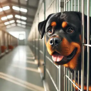 Der Rottweiler ist in einem Käfig im Tierheim und schaut gespannt und in freudiger Erwartung zum Eingang wo ein Besucher kommt