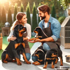 Eine Interessentin besucht den Rottweiler Hundezüchter und holt sich Informationen über den Hund für einen nachfolgenden Welpenkauf