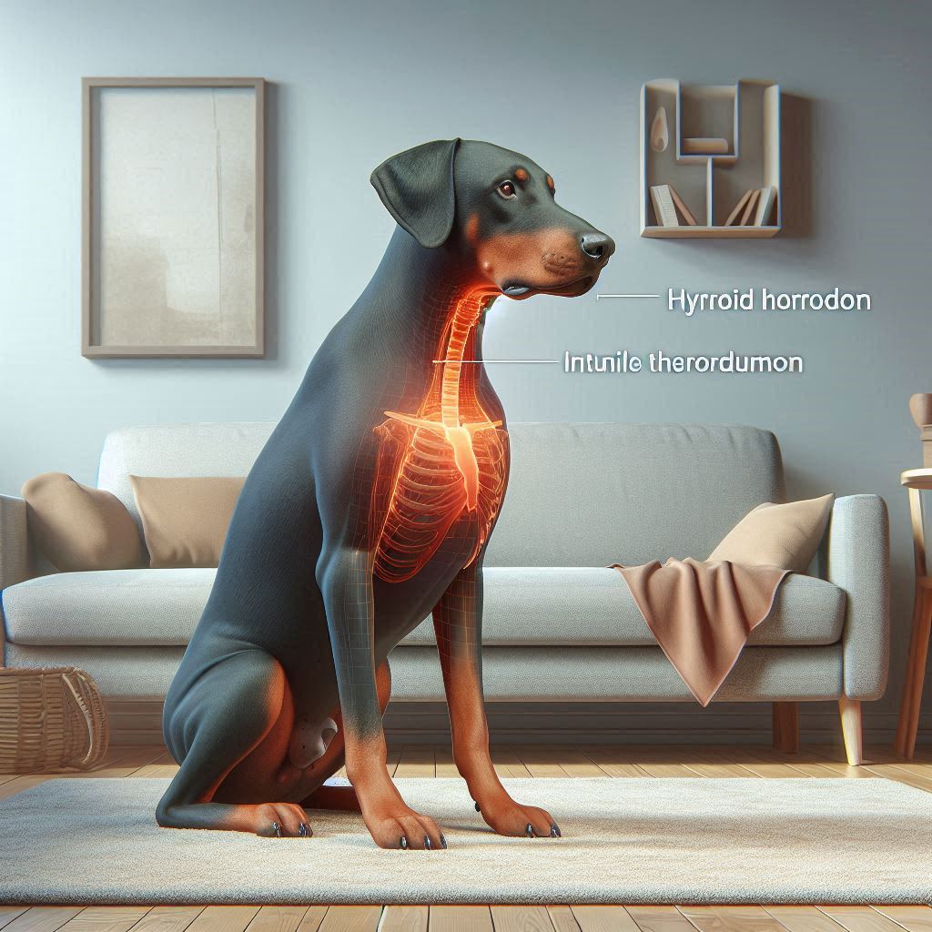Dobermann mit visualisierter Schilddrüsenfunktion soll die Unterfunktion der Schilddrüse beim Hund darstellen.